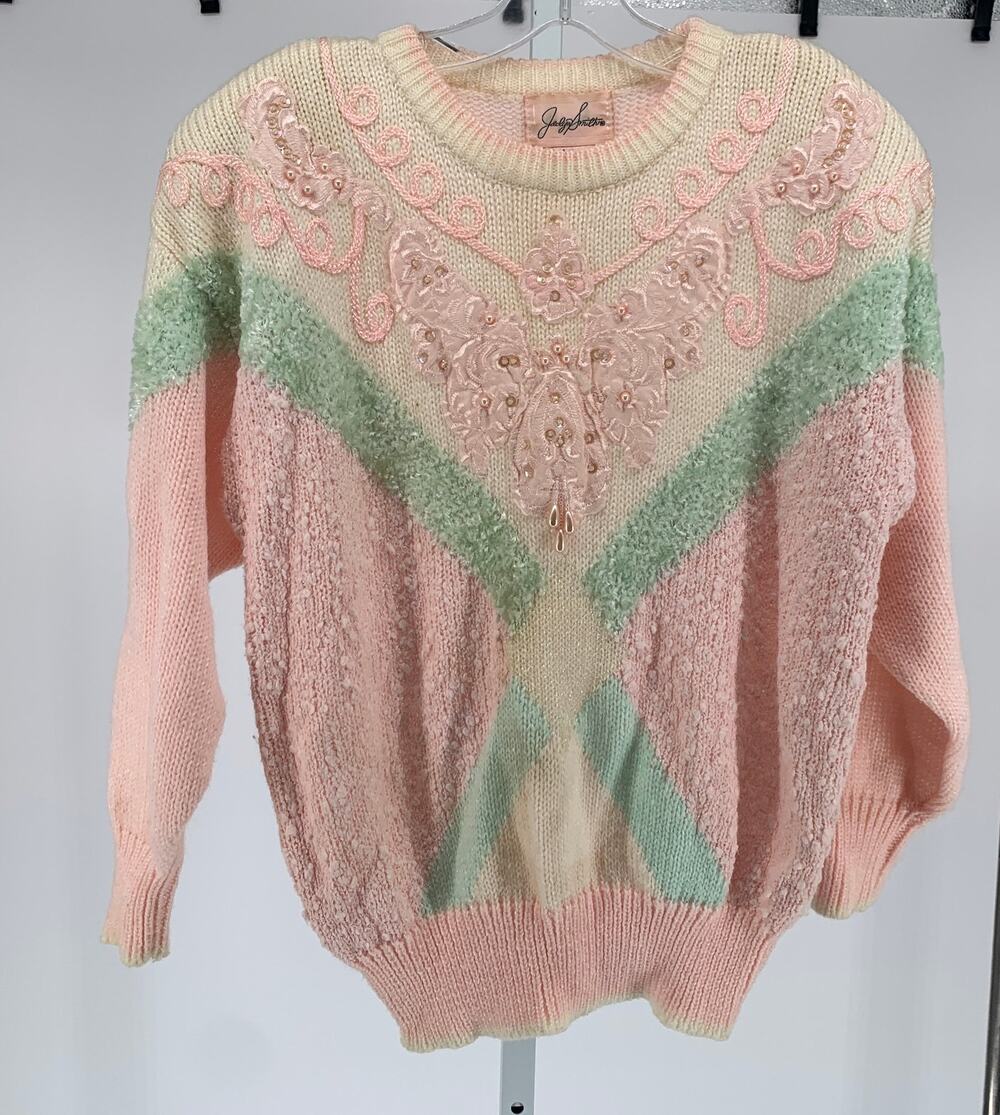 vintage 80s sweater pink green white embroidered beaded women's size large